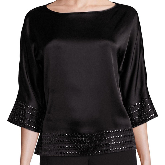St. John Tops - $695 St John Black Sequin-Trim Liquid Satin Top M